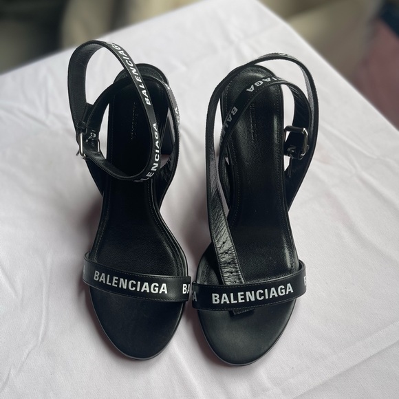 Balenciaga Shoes - BALENCIAGA black leather LOGO BLOCK HEEL Sandals Shoes